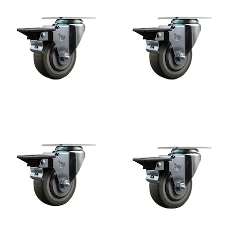 Service Caster 3.5'' Gray Poly Wheel Swivel Top Plate Caster Set Posi Brake, 4PK SCC-20S3514-PPUB-PLB-4